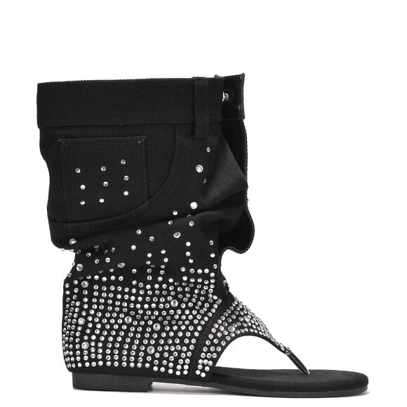 NEW๐ฅ Rhinestone Embellished Slouchy Jean Sandals Mid-Calf Boots Thong Open Toe - Picture 6 of 6